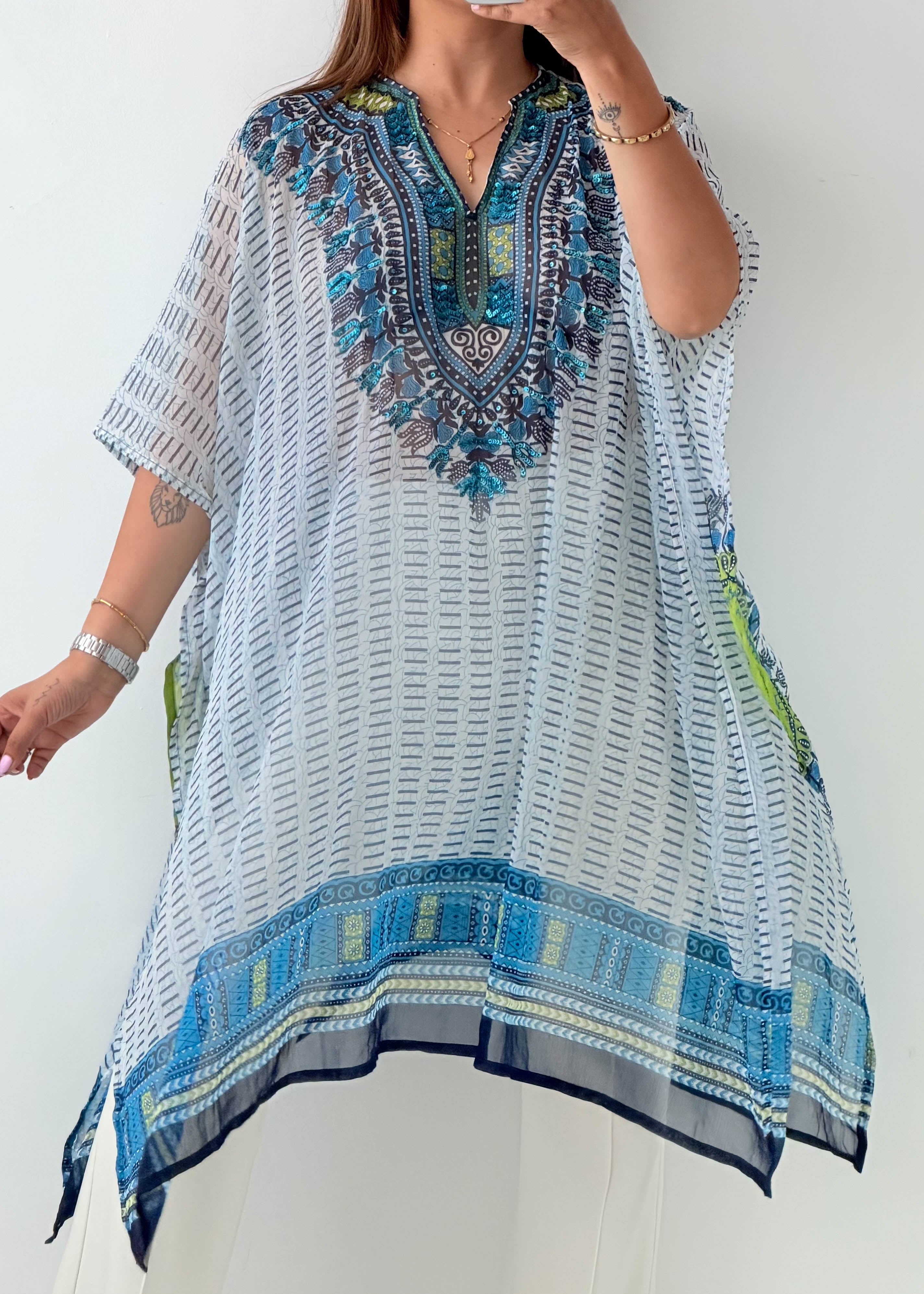 Free Size Blue Embroidered Kaftan Top