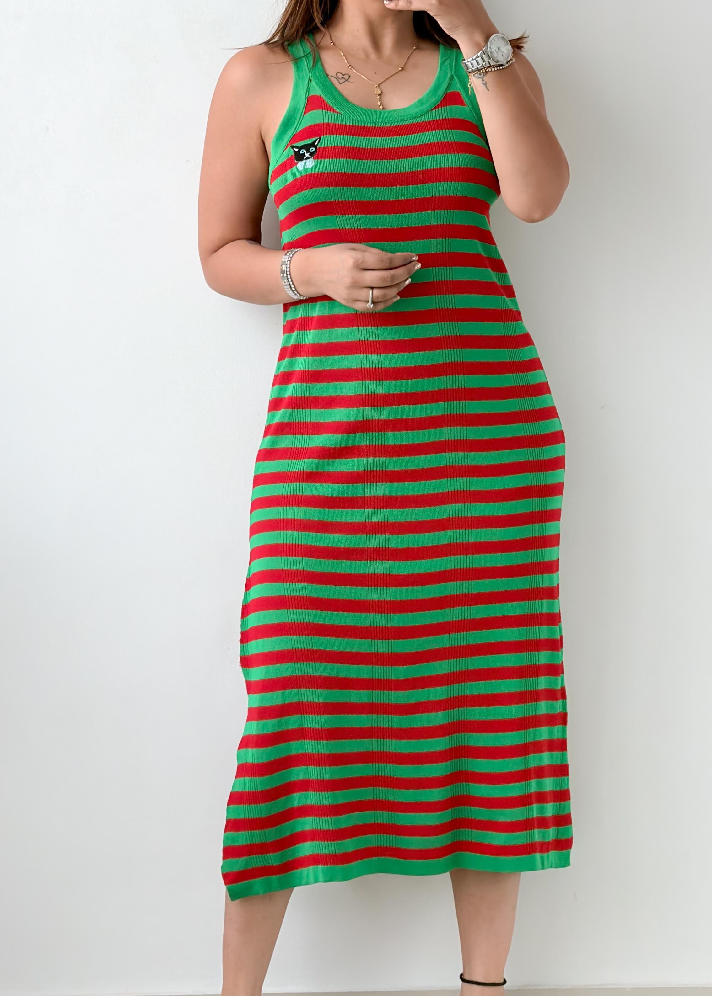 Size M-L Green & Red Striped Knit Midi Dress