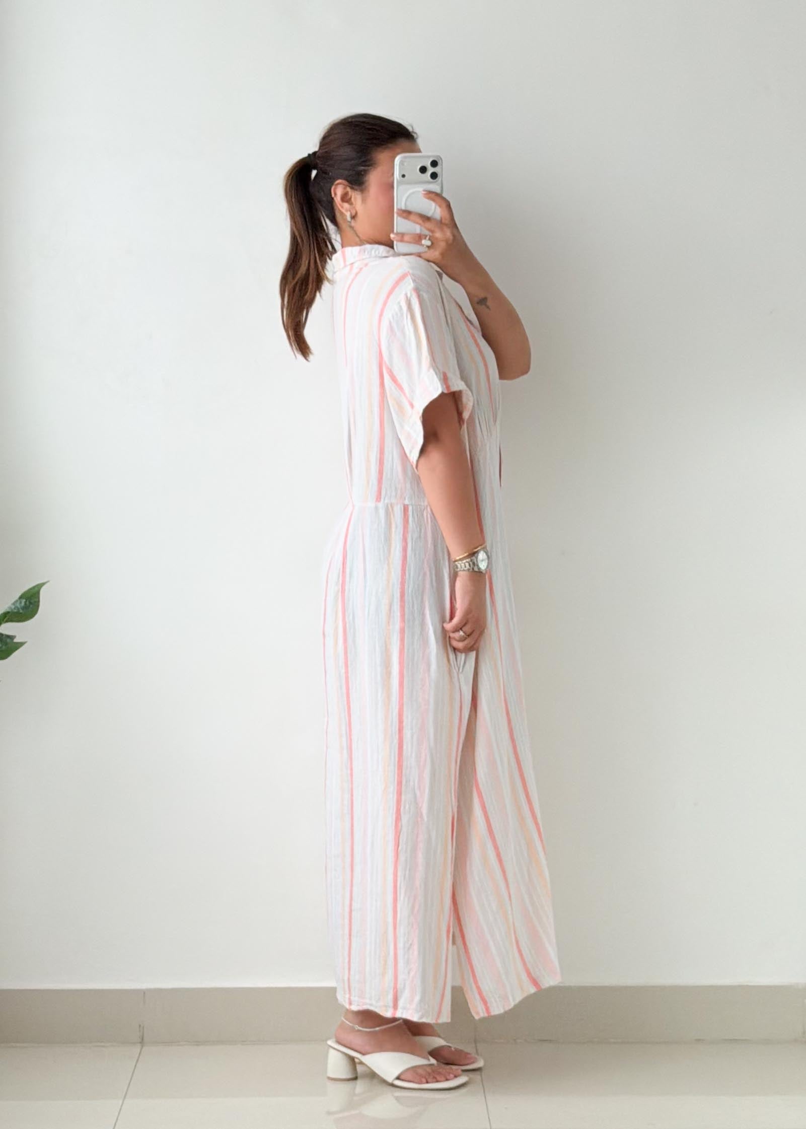 Size XL-2XL White & Pink Striped Shirt Midi Dress