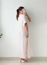 Size XL-2XL White & Pink Striped Shirt Midi Dress