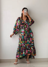 Size XL-XXL Black Abstract Printed Maxi Dress