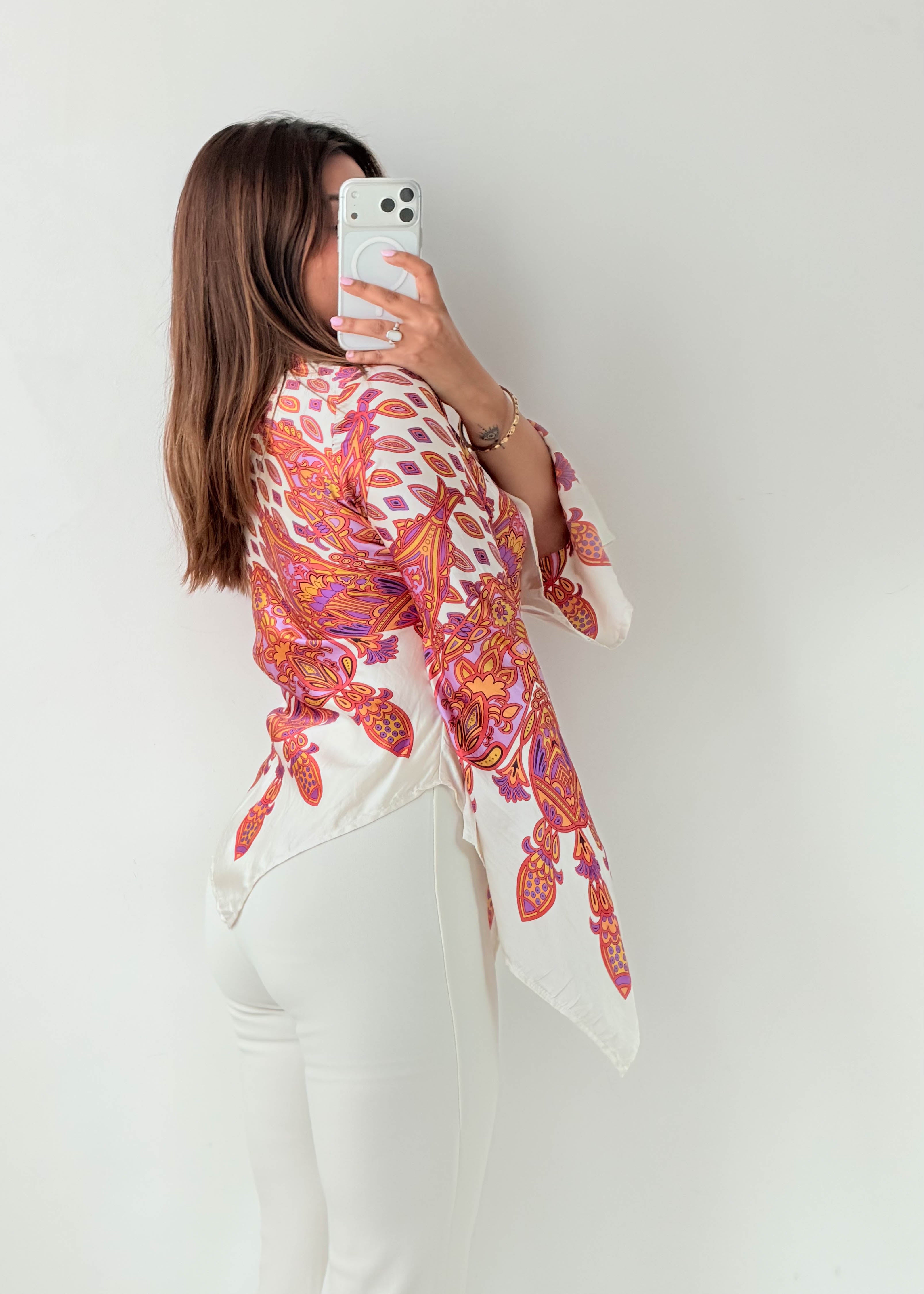 Size XS-S White & Pink Paisley Handkerchief Blouse