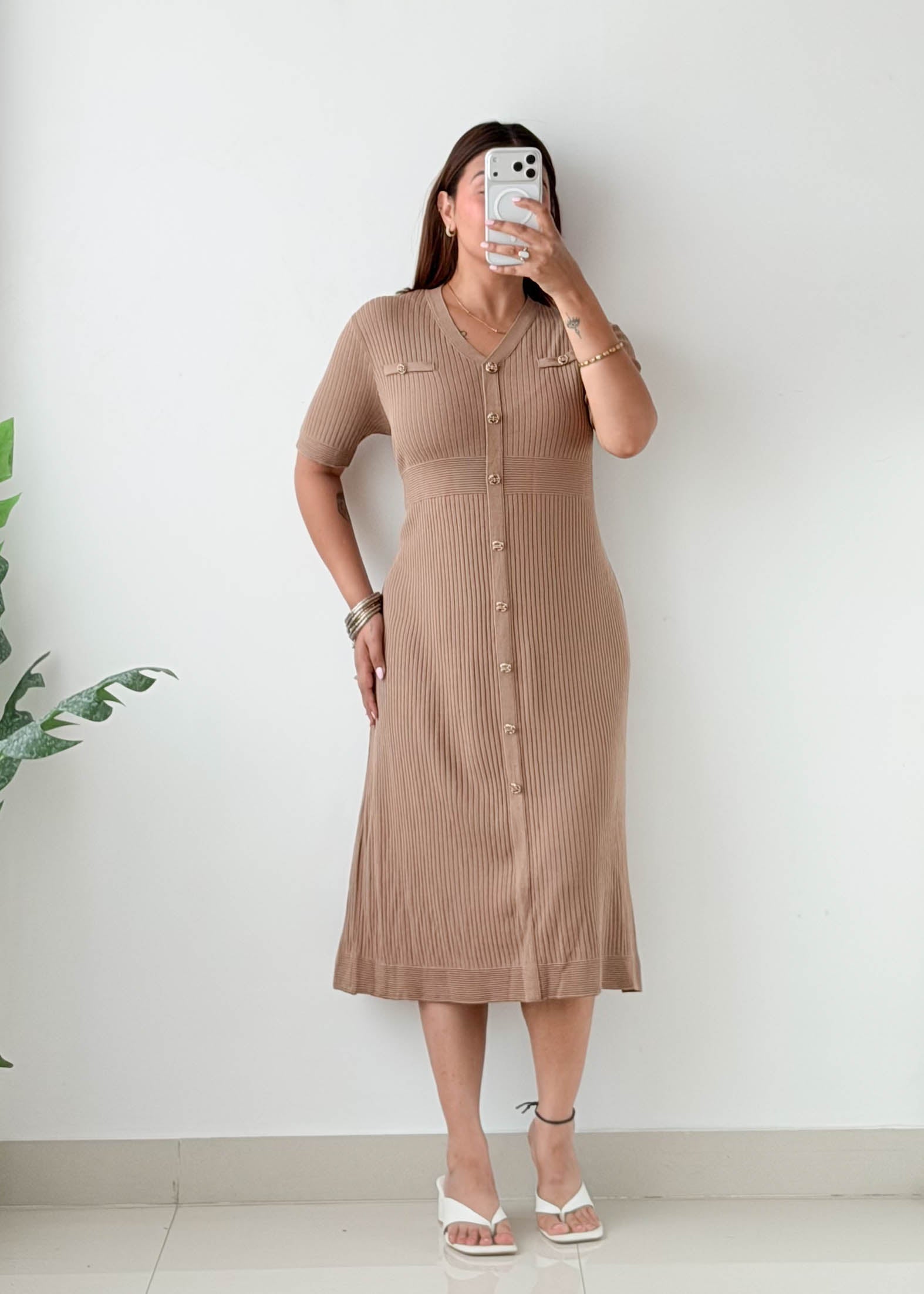 Size L-XL Beige Ribbed Button Knit Midi Dress