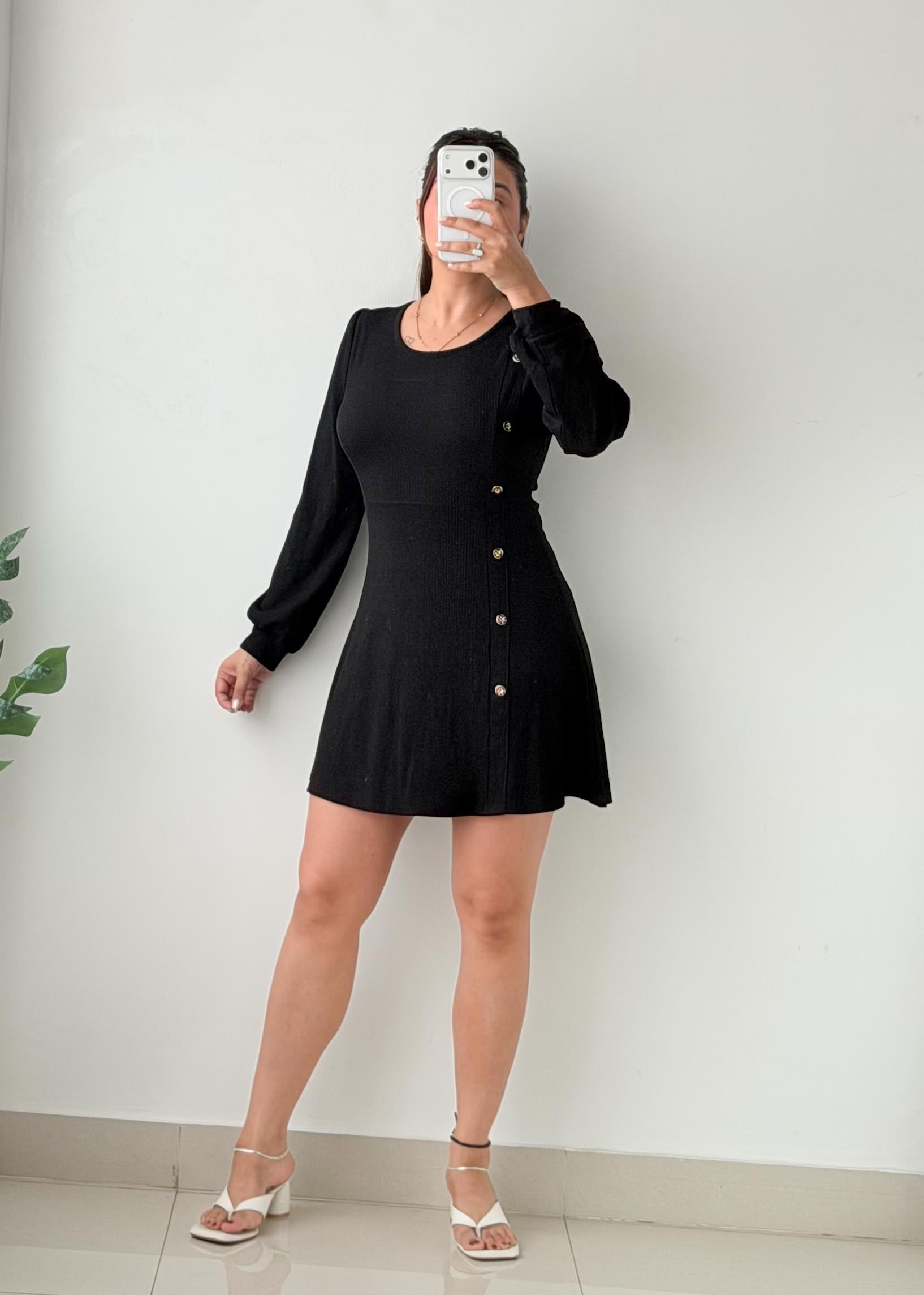 Size M-L Black Button-Detail Knit Mini Dress