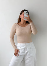 Size M-L Beige Open Back Ribbed Top