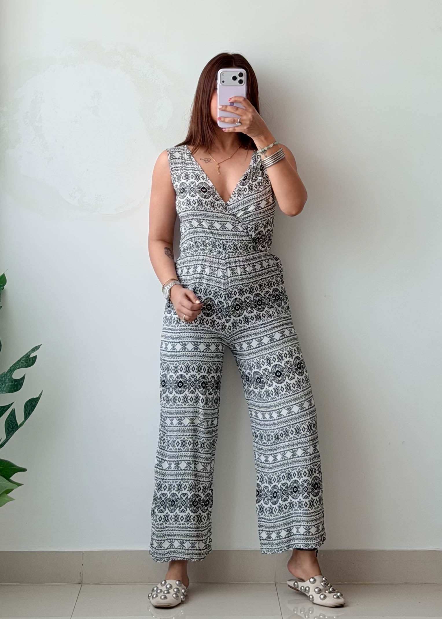 Size XS-S Black & White Cotton Printed Jumpsuit