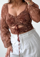 Size S-M Brown Velvet Ruched Tie Front Top