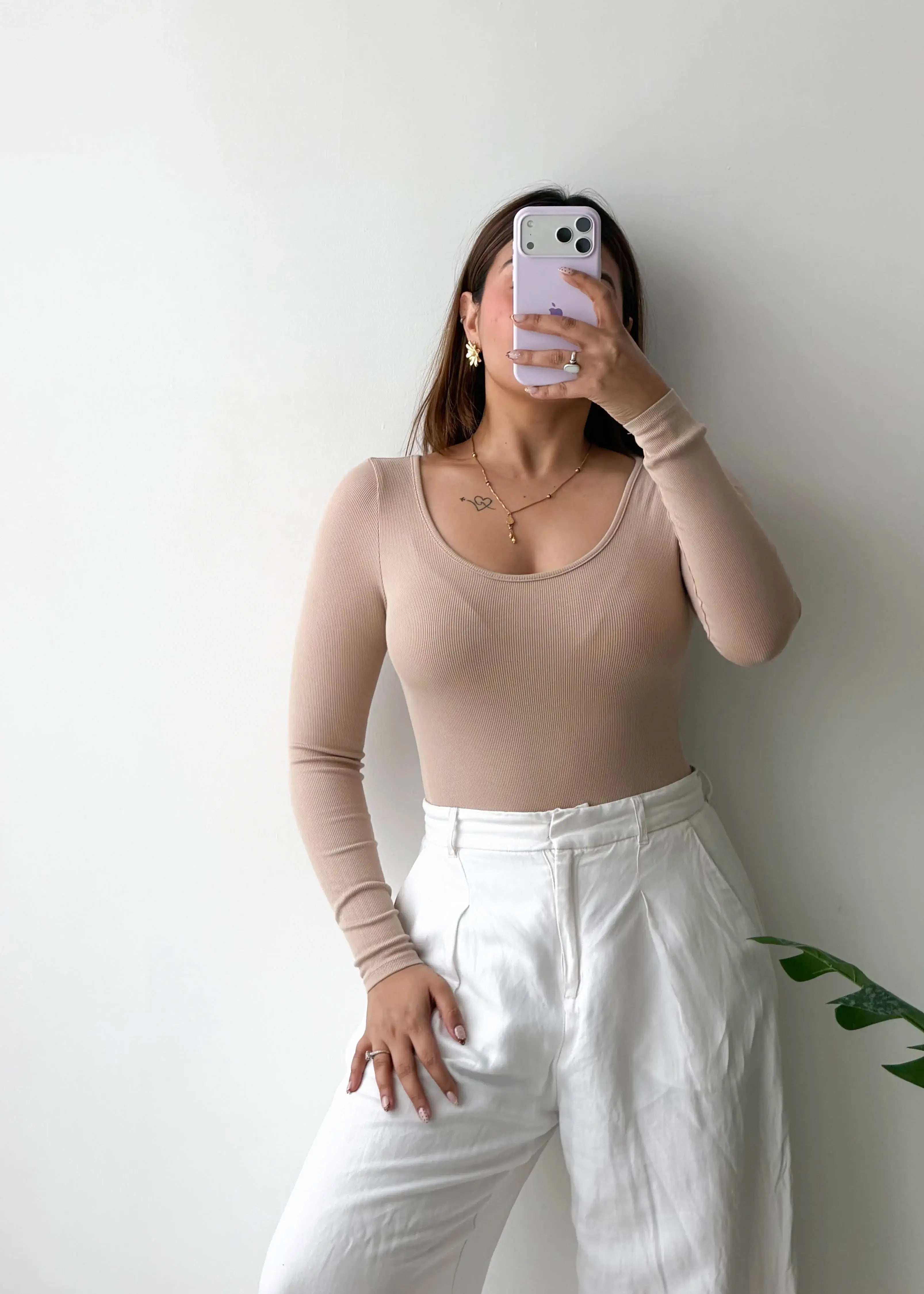 Size XS-S, Beige Scoop Neck Full Sleeve Bodysuit