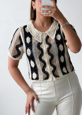 Size S-M Black & White Crochet Collar Top