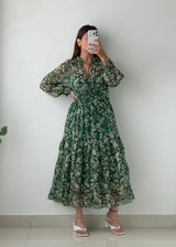 Size M-L Green Floral Print Tiered Maxi Dress