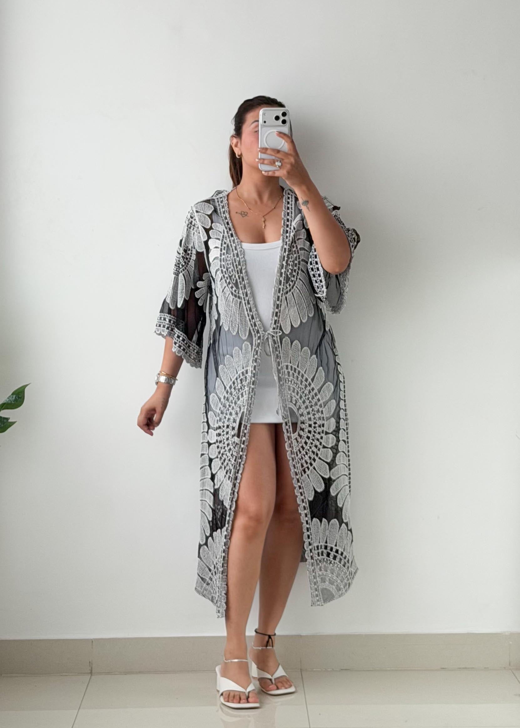 Free Size Black & White Mesh Lace Cover-Up