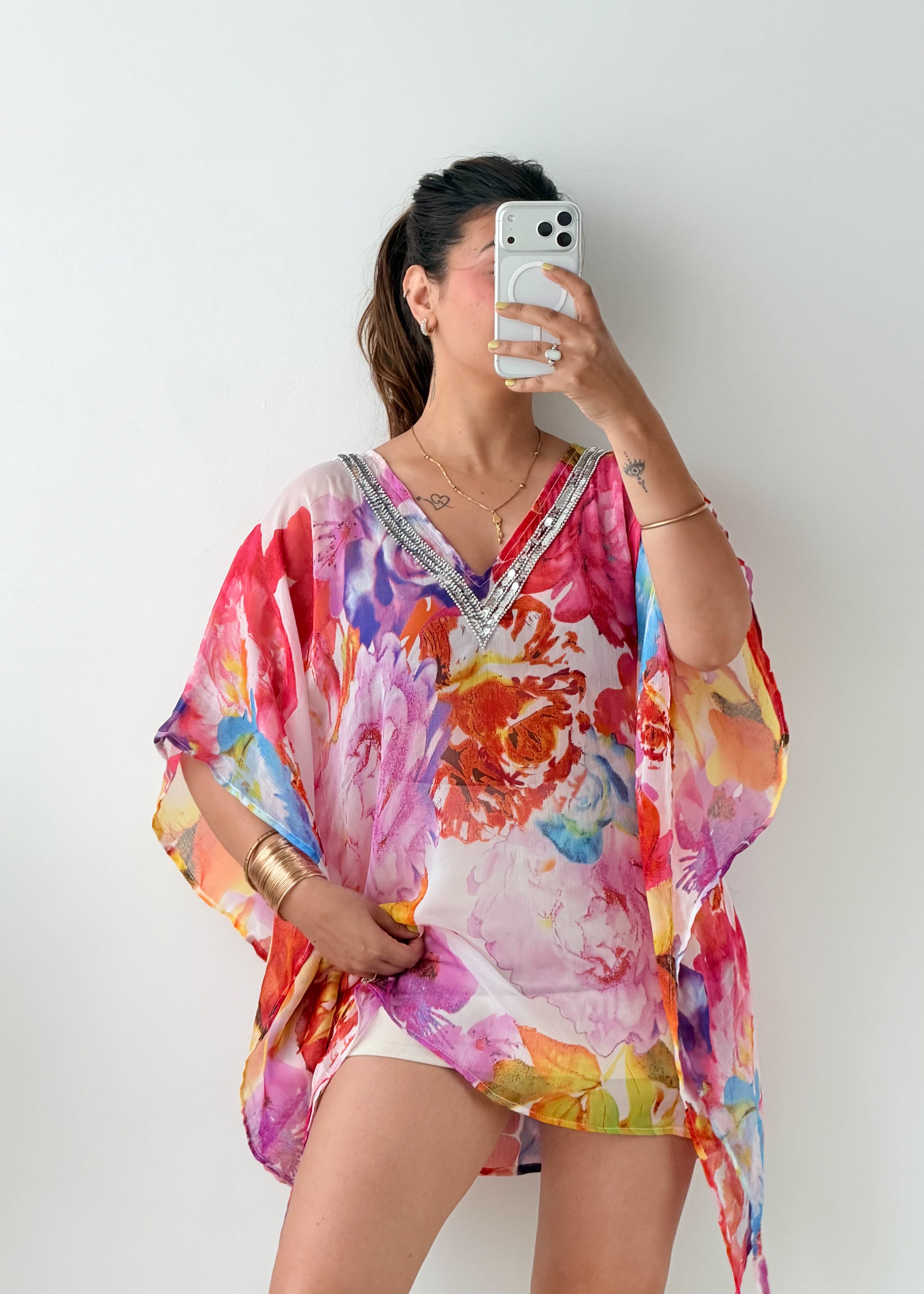 Free Size Pink Floral Kaftan Top