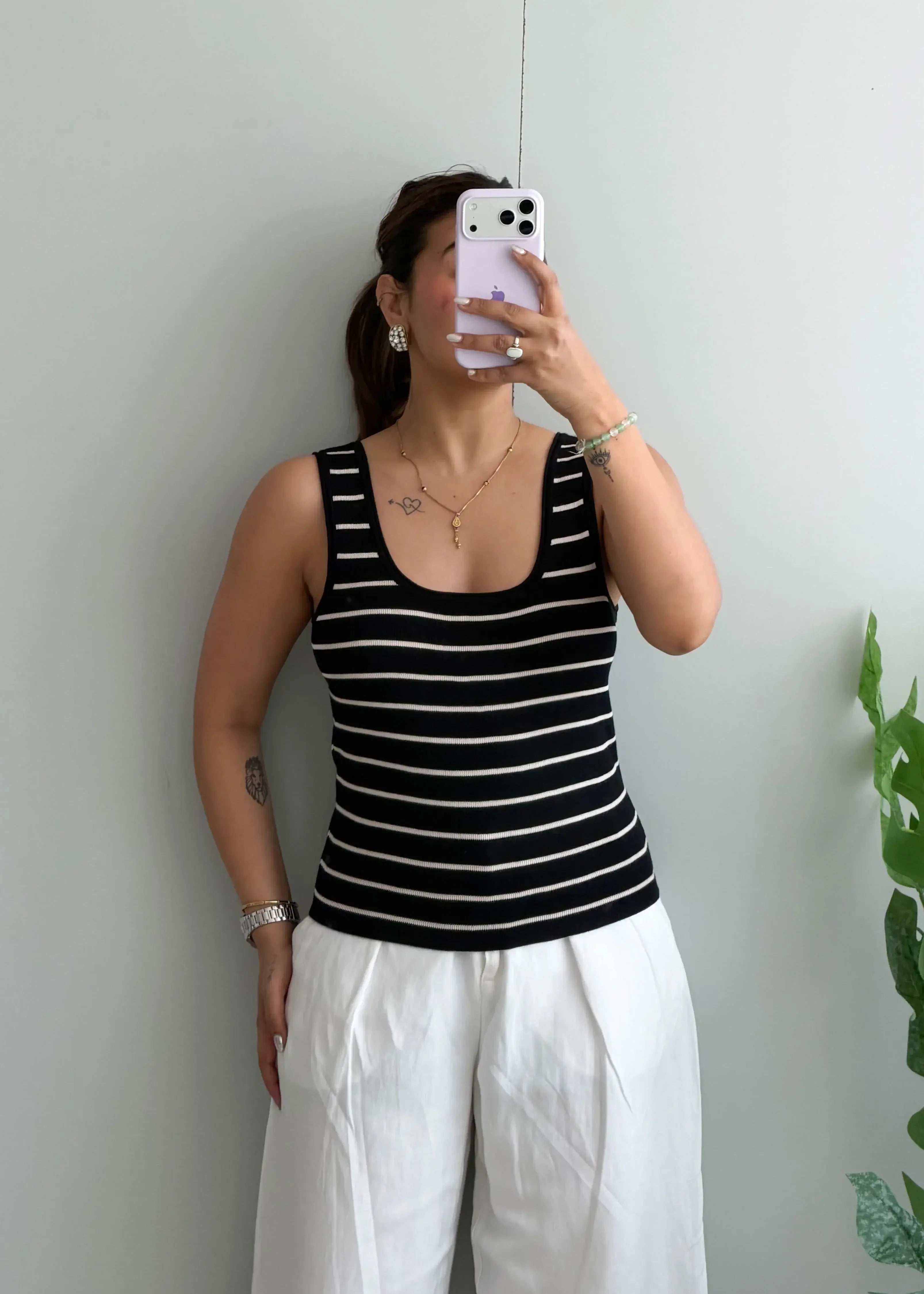 Size M-L, Black Stripe Ribbed Tank Top - Closet by Payal
