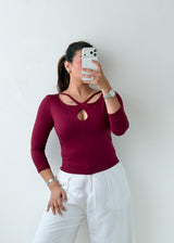 Size S-M Wine Cutout Long Sleeve Top