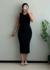 SIZE S-M, Black Sleeveless Bodycon Midi Dress - Closet by Payal