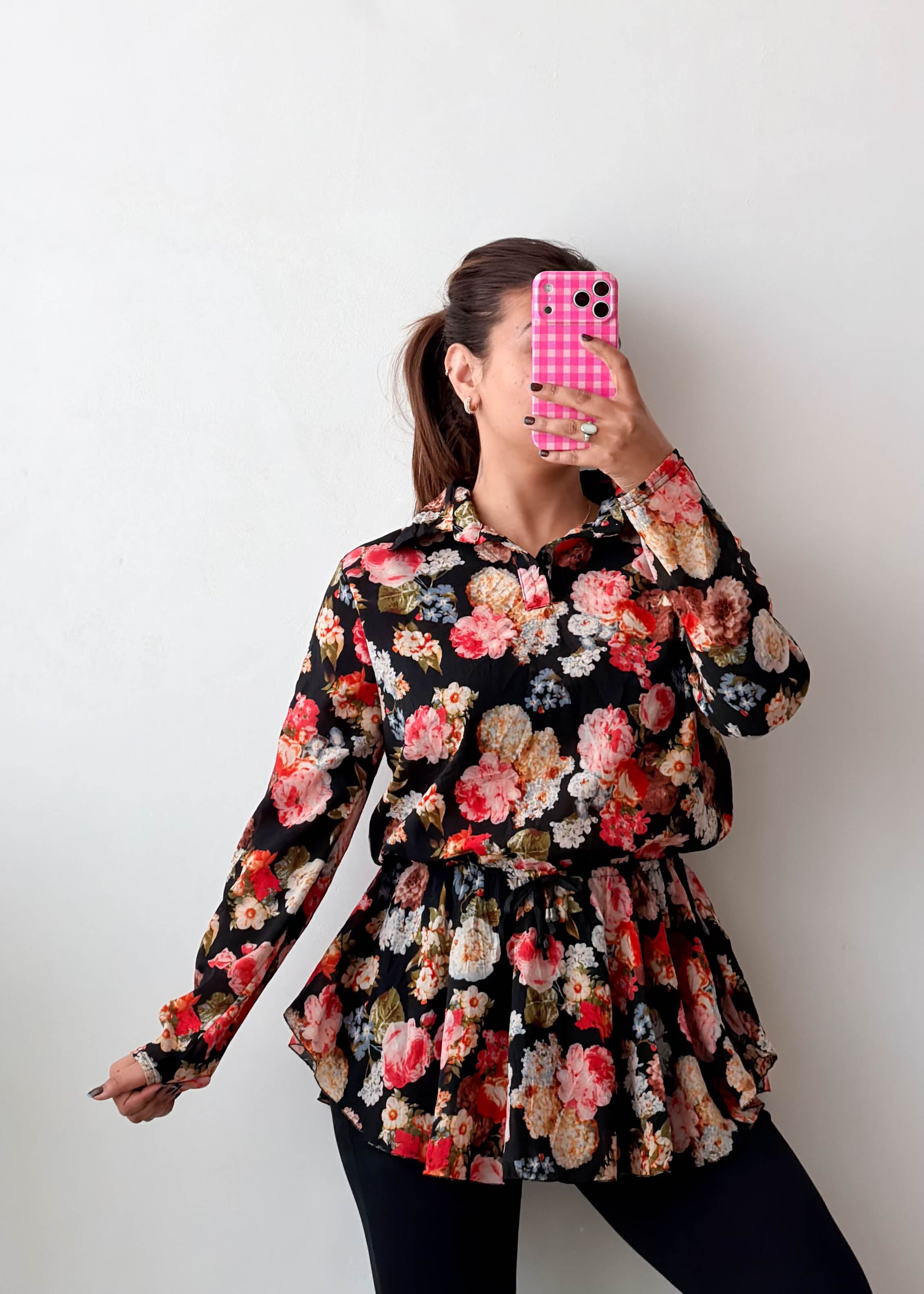 Size M-L Black Floral Peplum Top