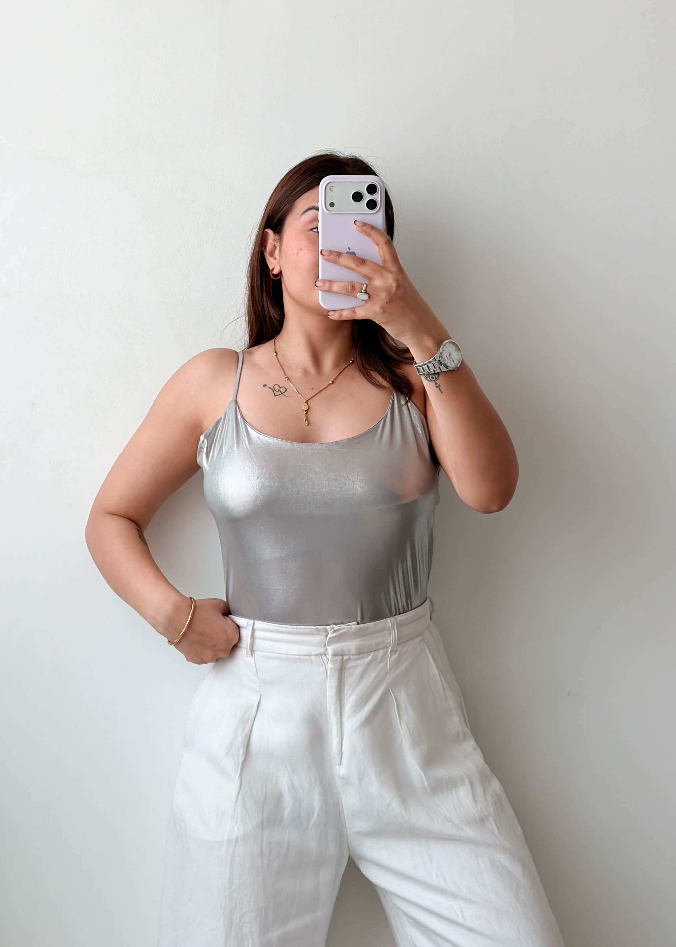 Size M-L Silver Satin Cami Bodysuit