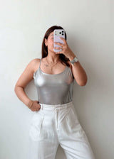 Size M-L Silver Satin Cami Bodysuit