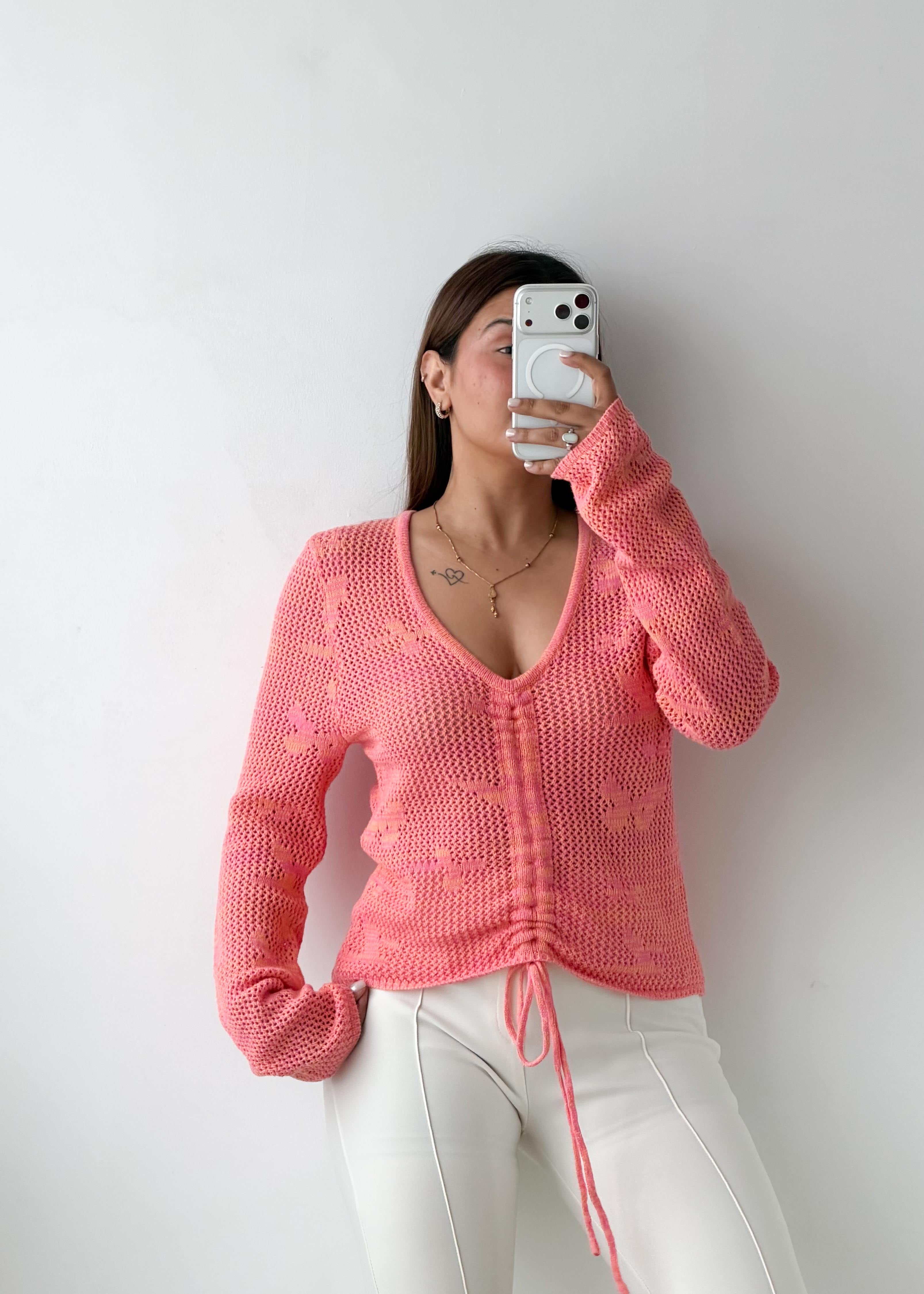 Size M-L Pink Drawstring Knit Cardigan Top