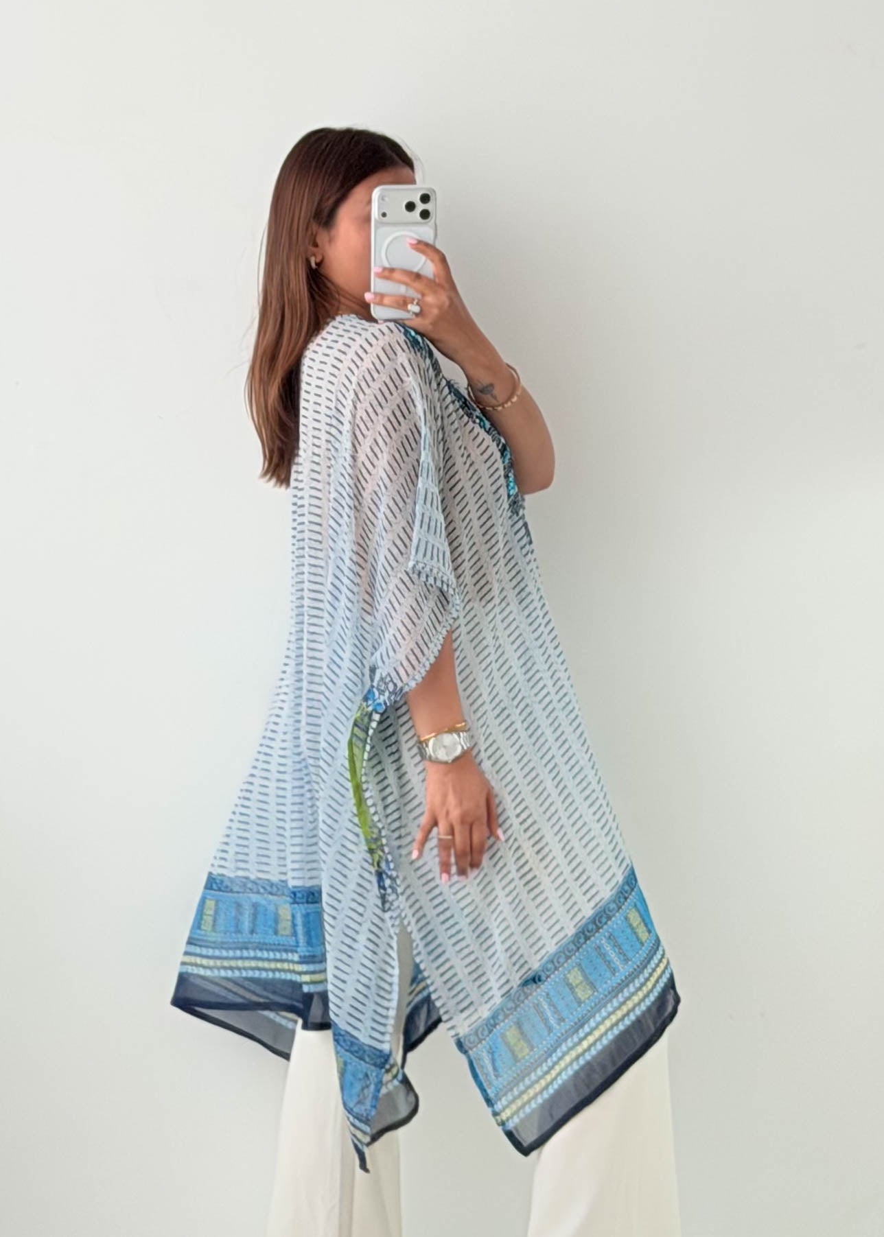 Free Size Blue Embroidered Kaftan Top