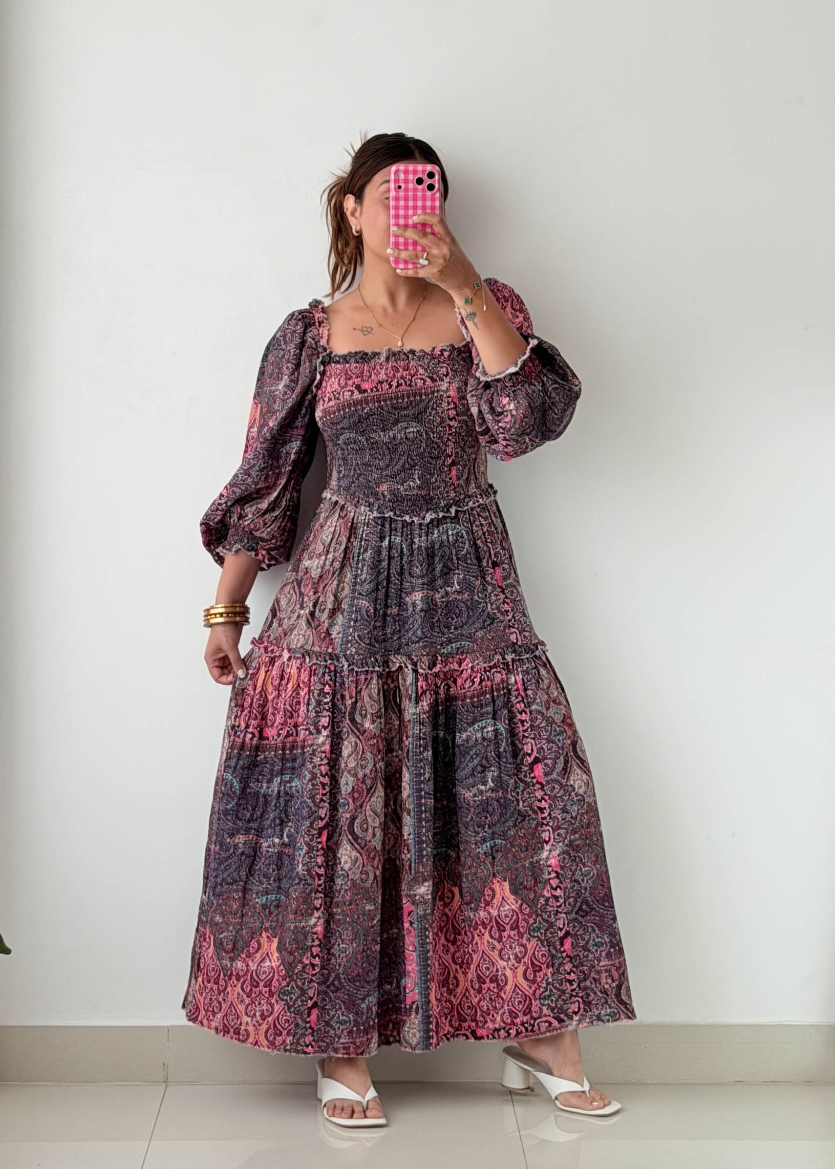 Size M-L Pink Paisley Smocked Maxi Dress