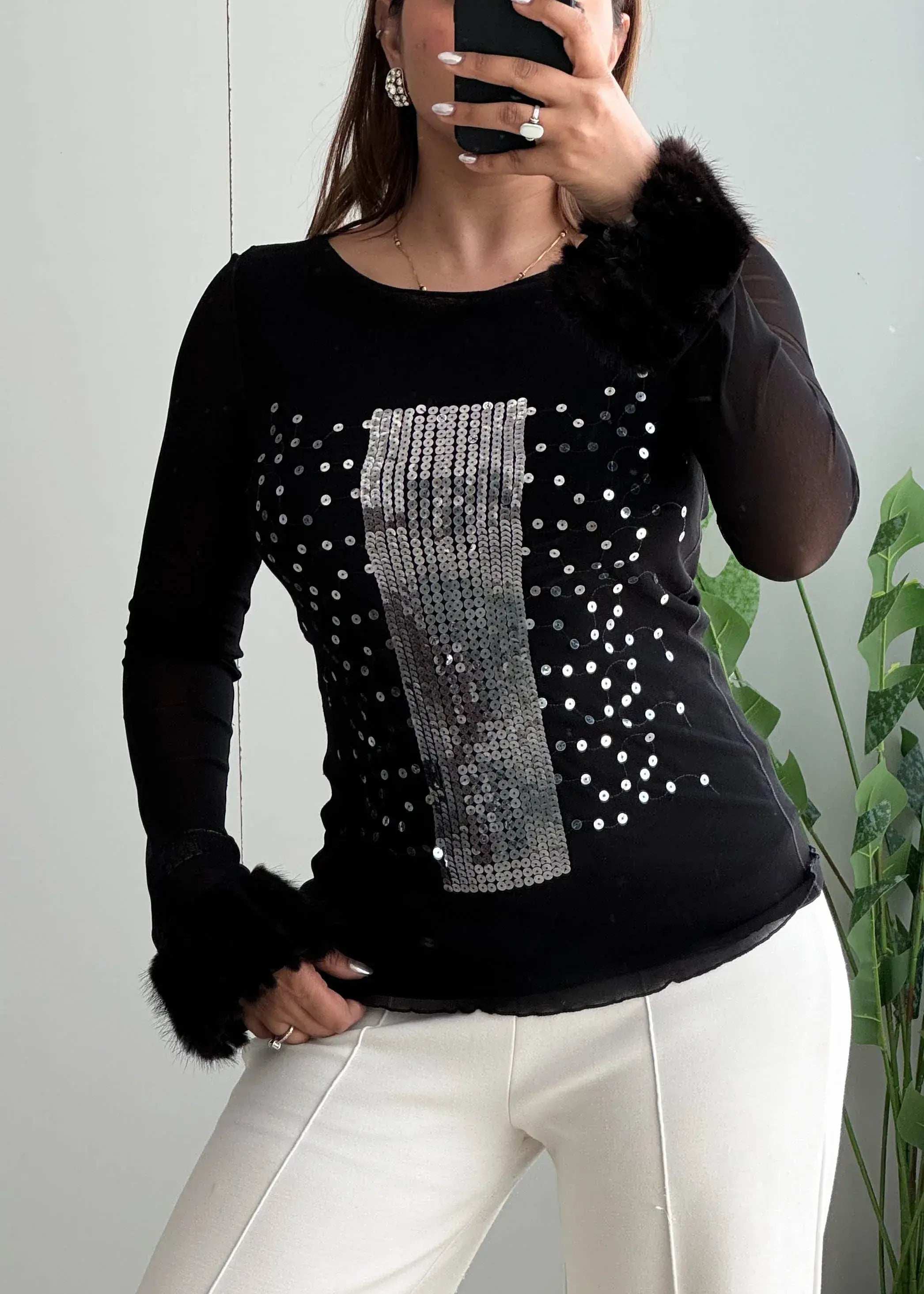 Size S-M, Black Sequin Statement Top with Sheer Sleeves - Closet by Payal