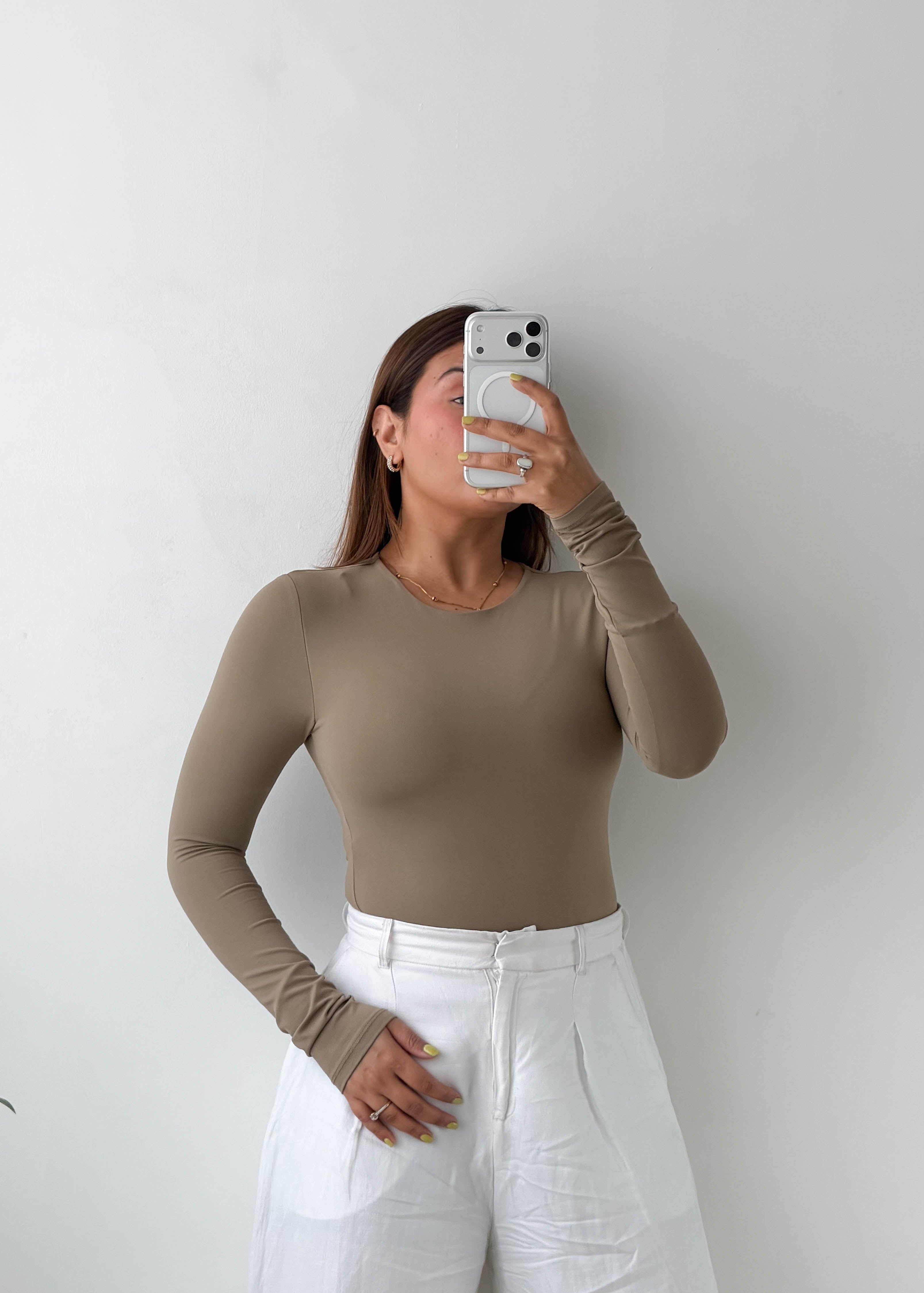 Size XS-S Taupe Crew Neck Bodysuit