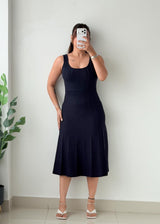 Size S-M Navy Blue Ribbed Fit & Flare Midi Dress