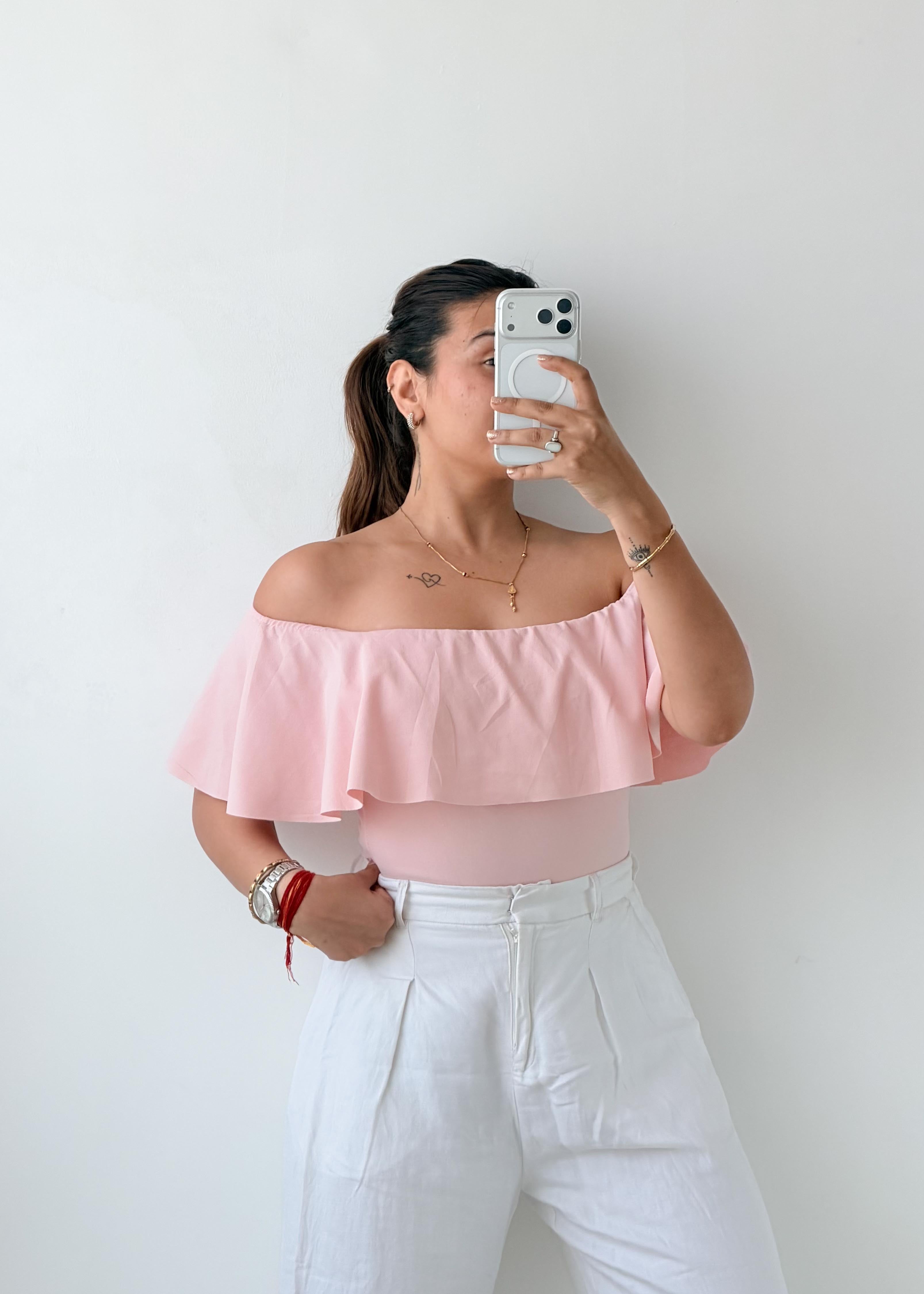 Size XS-S Baby Pink Off-Shoulder Ruffle Bodysuit