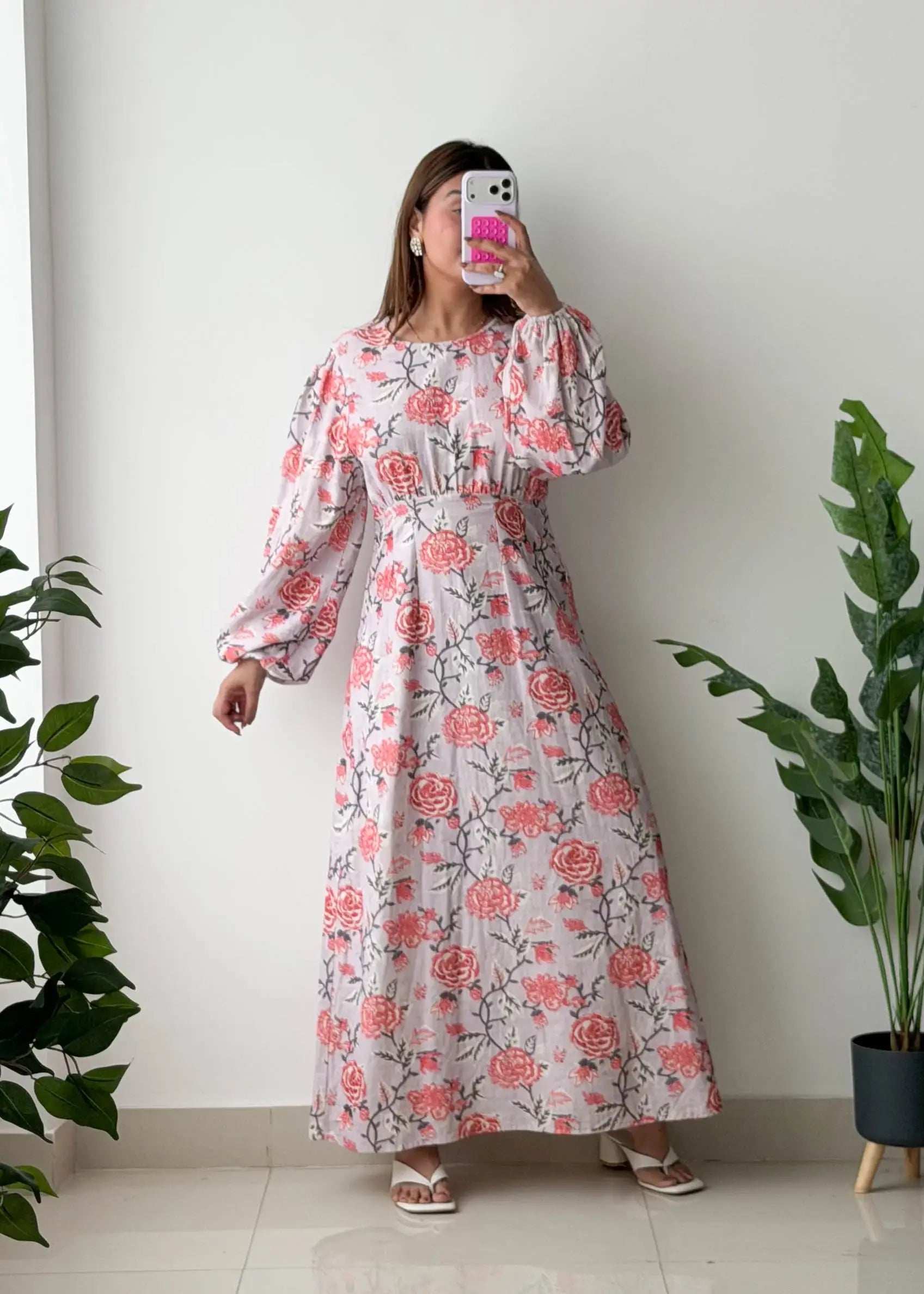 Size S-M, White & Pink Floral Maxi Dress