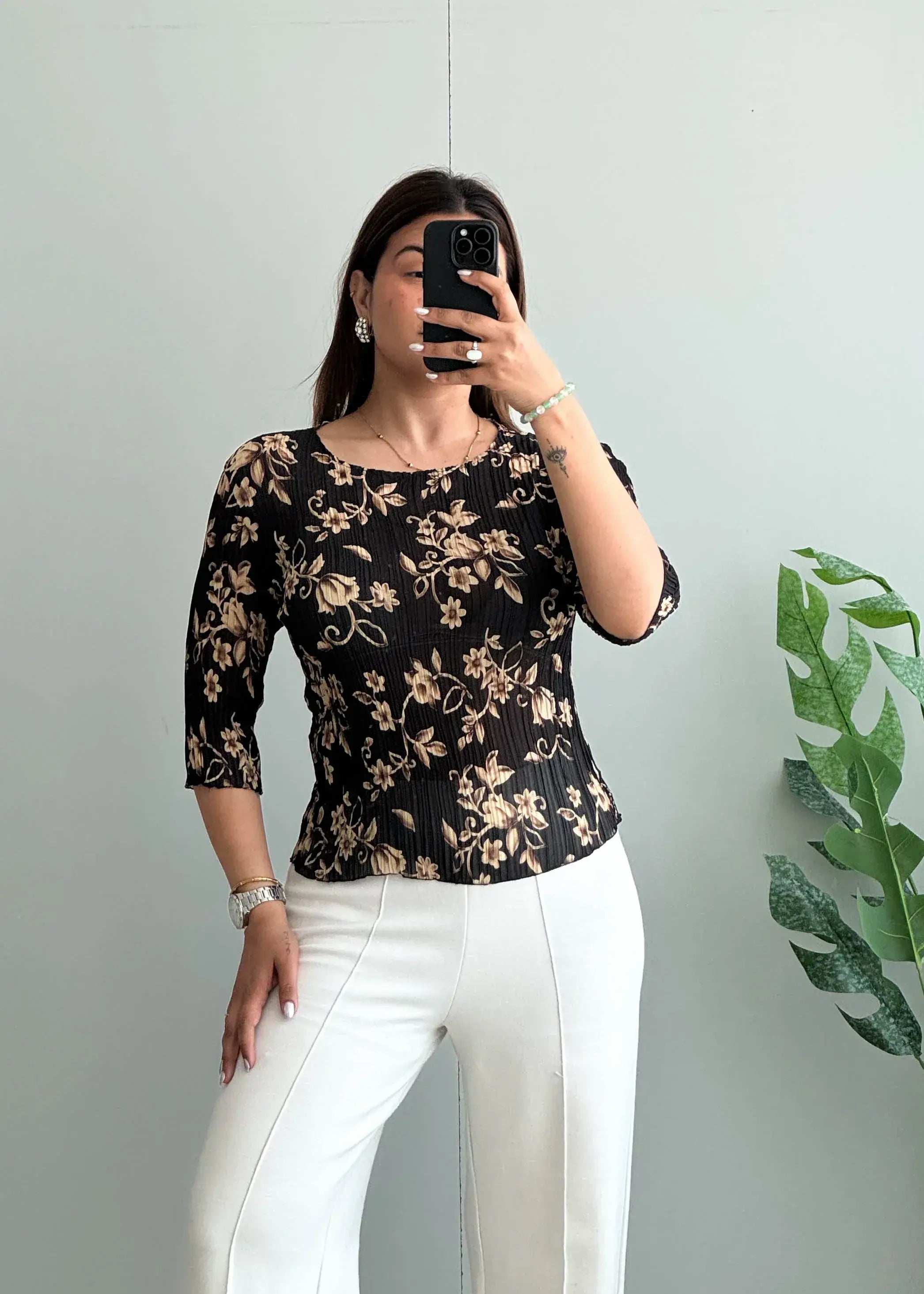 Size M-L, Black Floral Textured Blouse - Closet by Payal