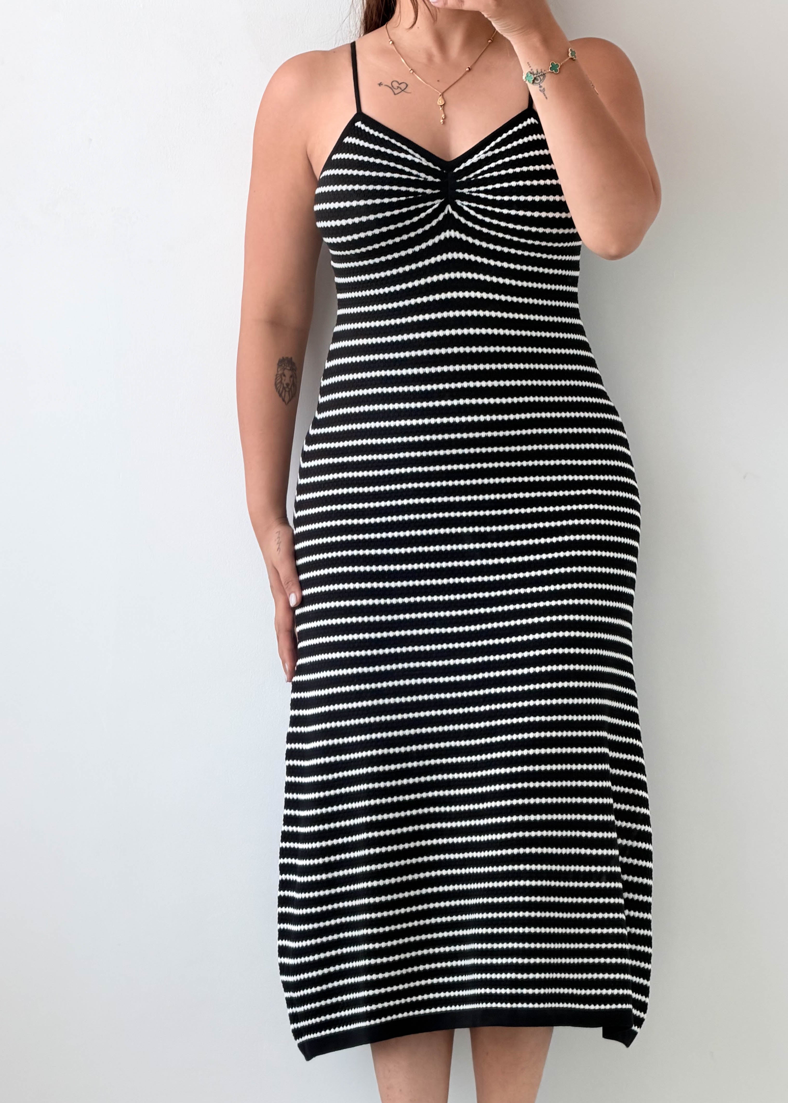 Size XS-M, Black & White Striped Knit Midi Dress