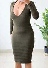 Size S-M, Olive Deep V-Neck Ribbed Midi Dress - Closet by Payal