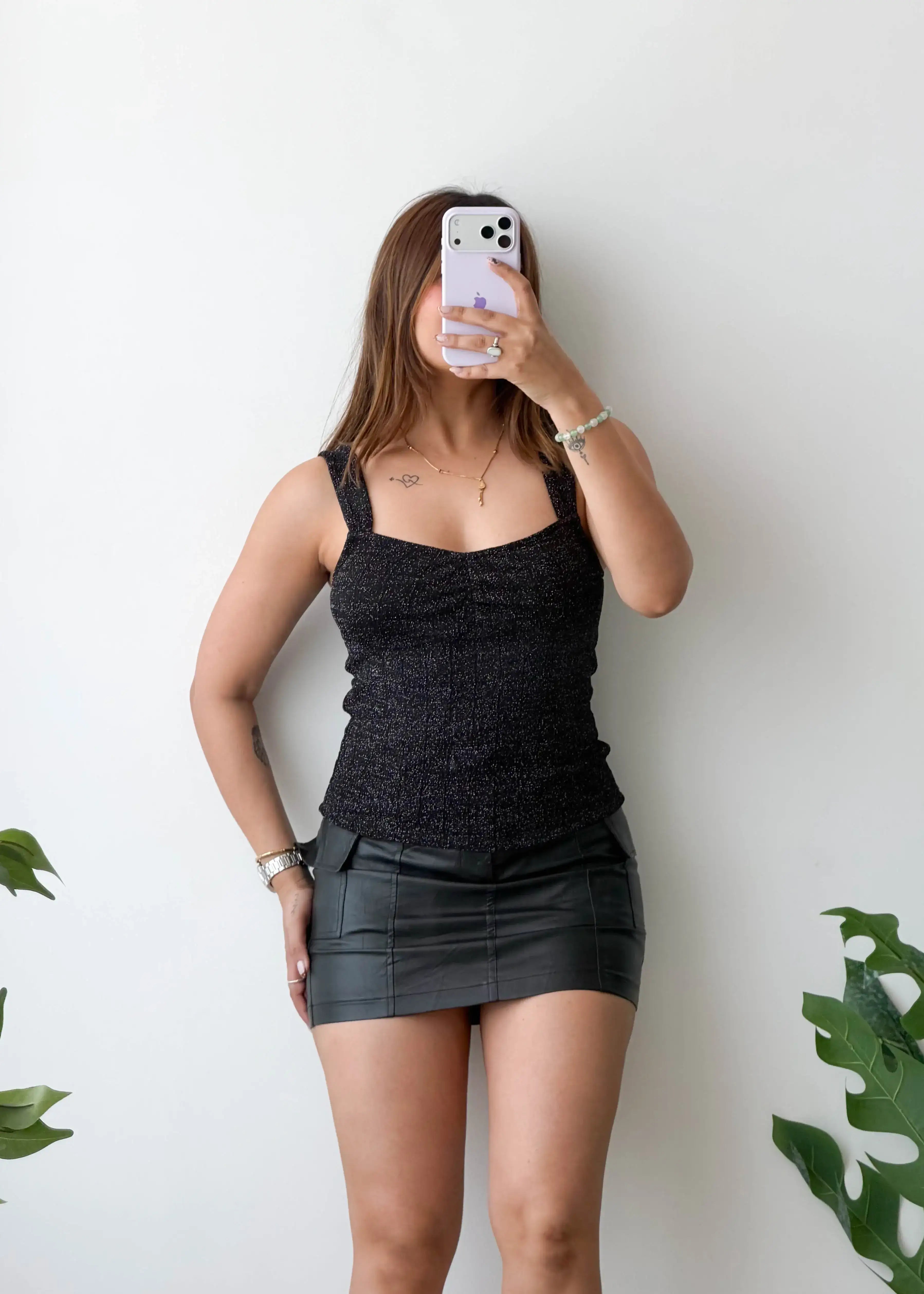 Size S-M, Black Square Neck Shimmer Top