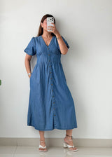Size M Blue Denim Button-Front Midi Dress