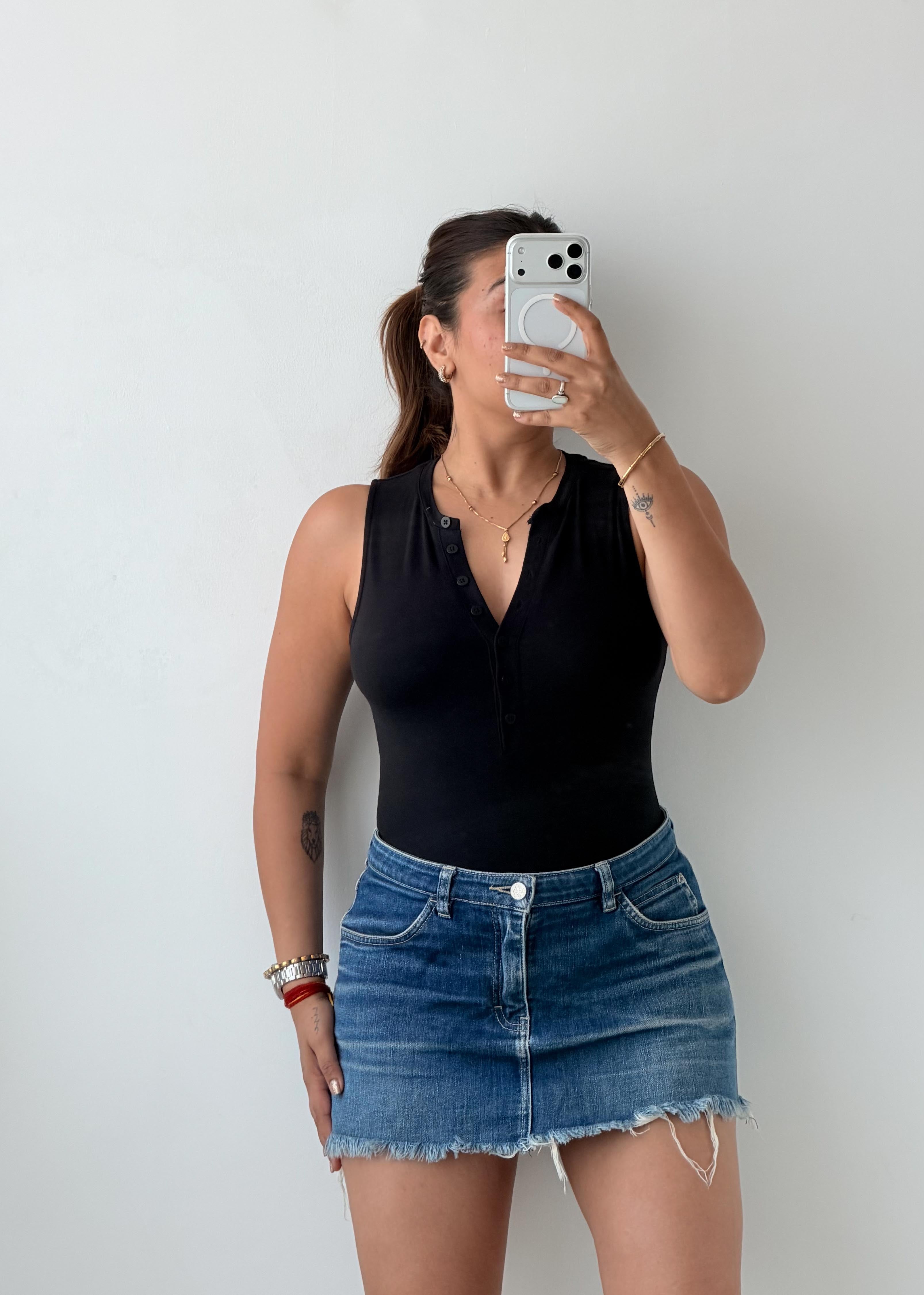 Size S-M Black Henley Sleeveless Bodysuit