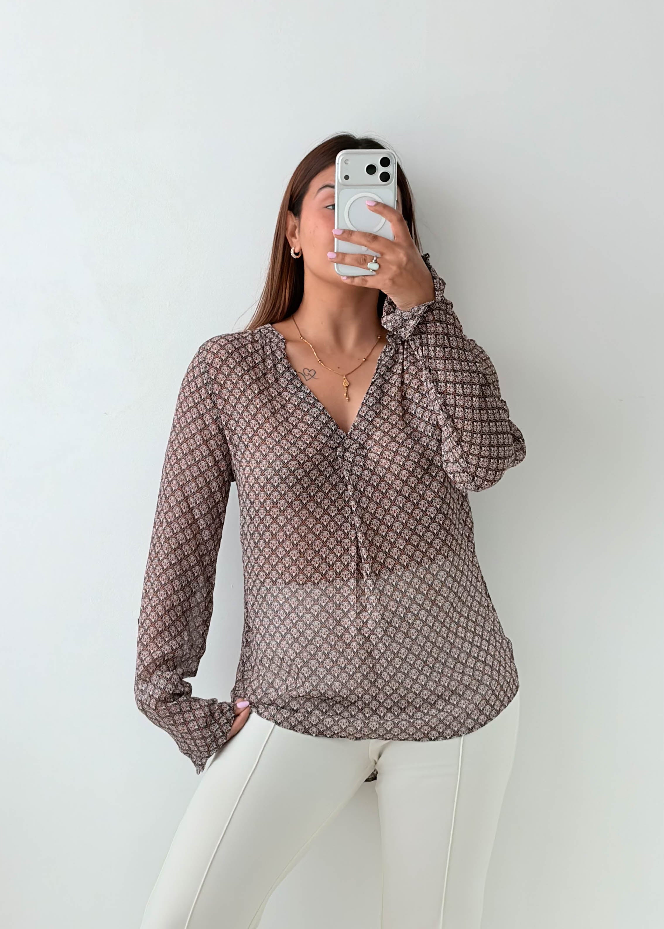 Size XS-S Taupe Printed Wrap Blouse