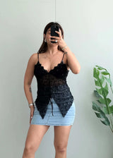 Size XS-S, Black Floral Lace Tie Front Statement Top - Closet by Payal