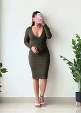Size S-M, Olive Deep V-Neck Ribbed Midi Dress - Closet by Payal