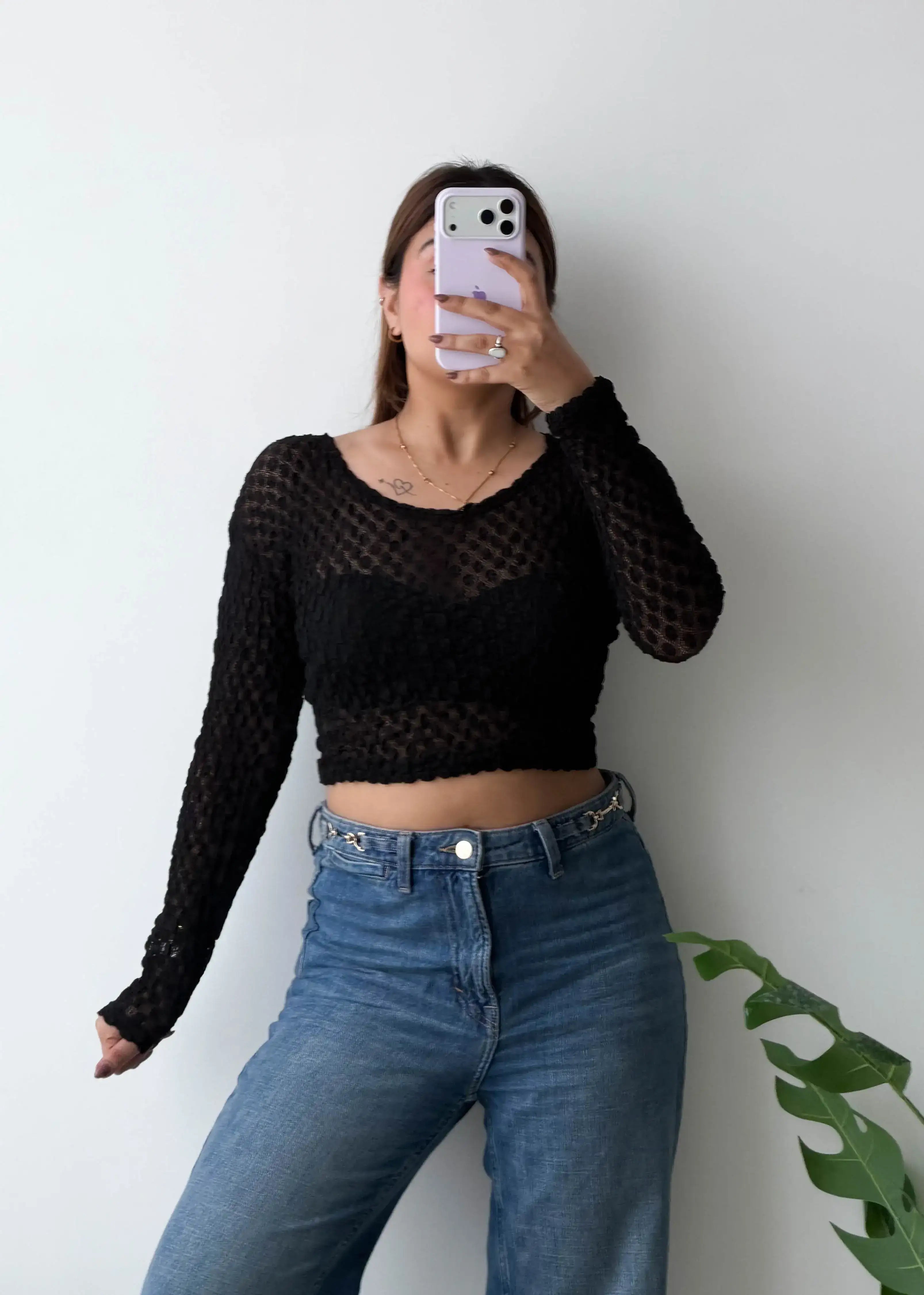 SIZE XS-S, Black Textured Crop Mesh Top