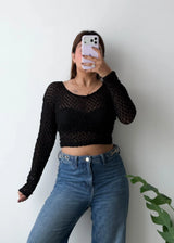 SIZE XS-S, Black Textured Crop Mesh Top
