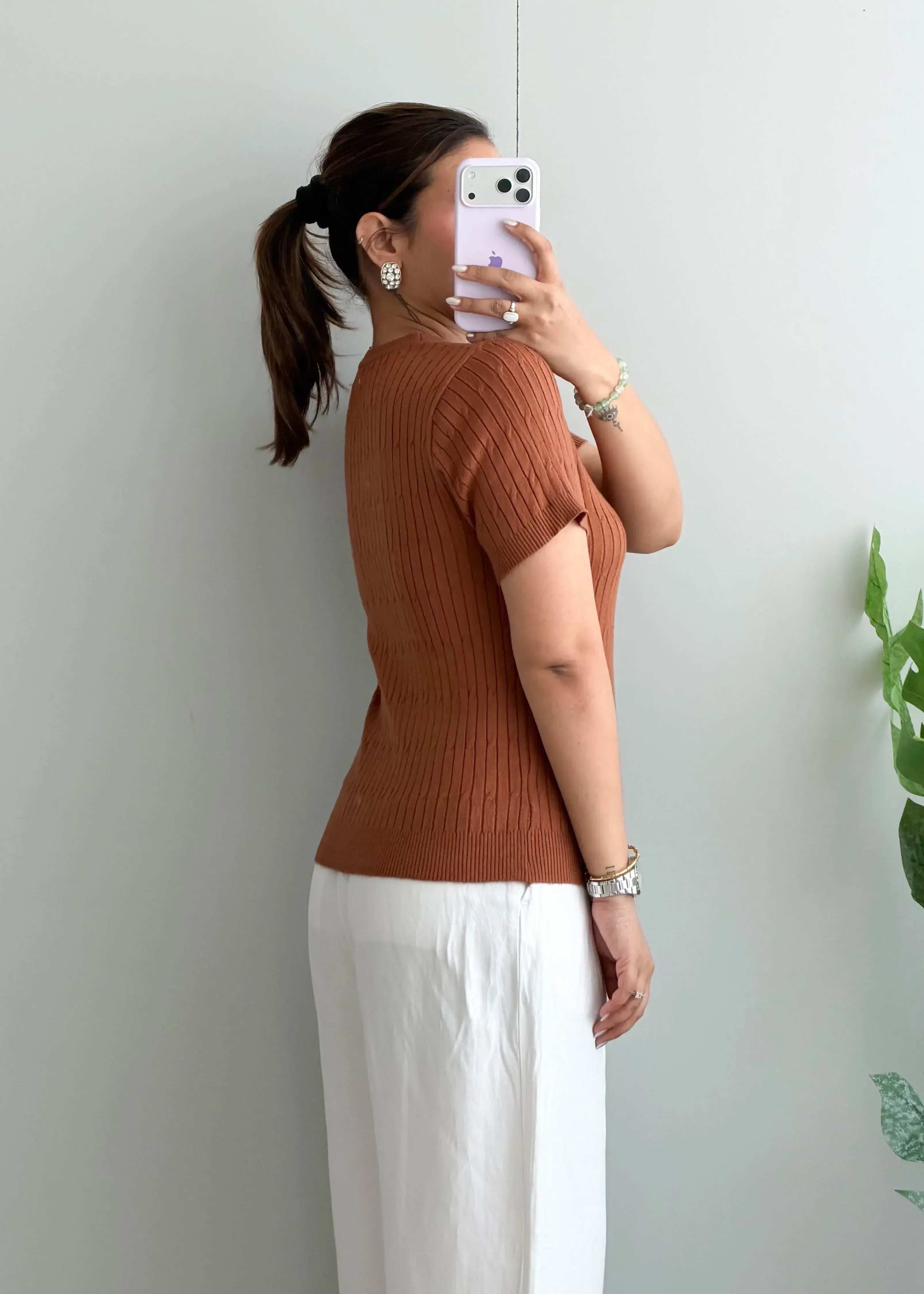 Size M-L, Brown Ribbed Half Sleeve Top - Closet by Payal