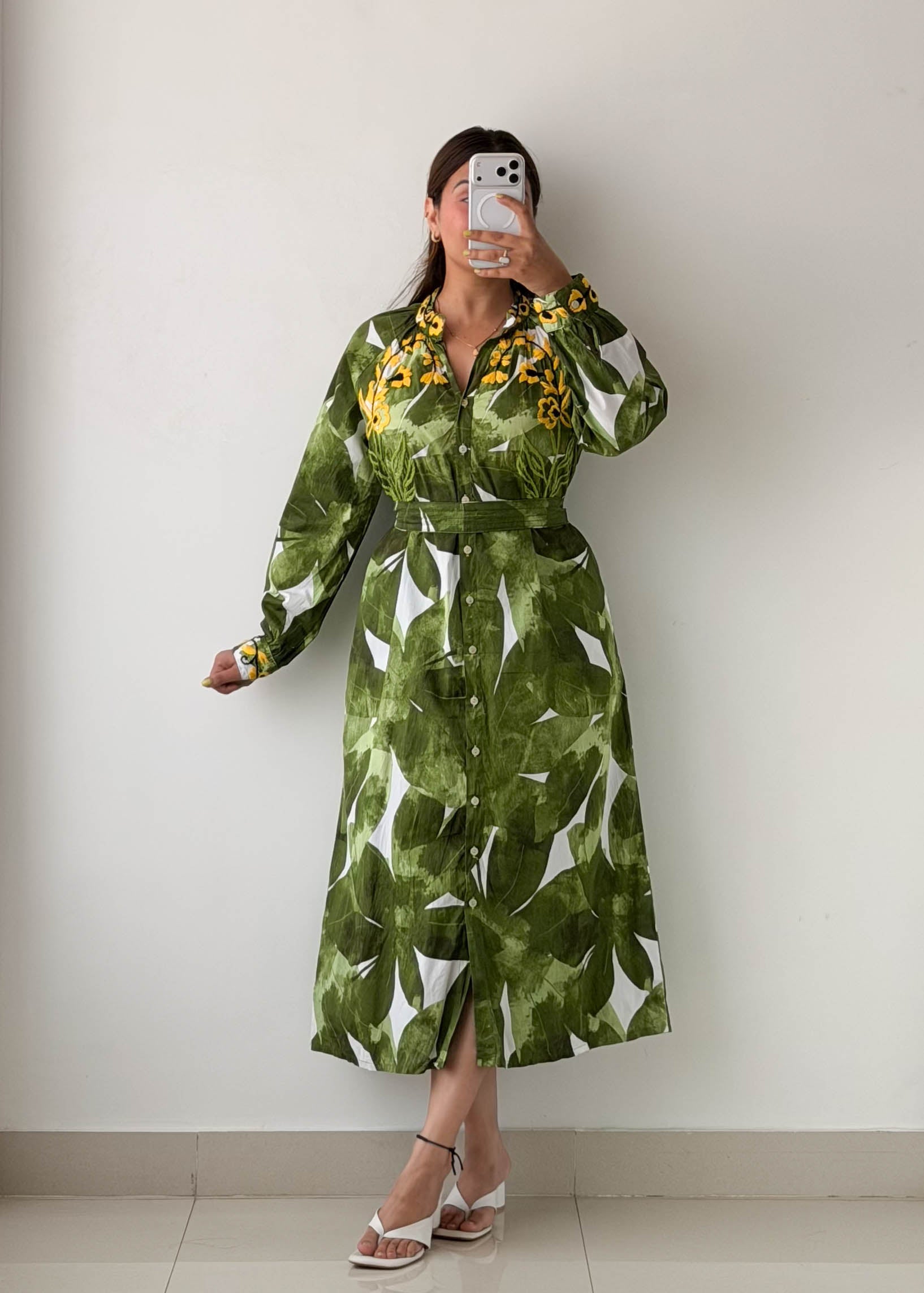 Size M-L Green Tropical Belted Shirt Dress