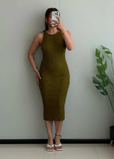 SIZE XS-S, Olive Heathered Sleeveless Bodycon Dress - Closet by Payal