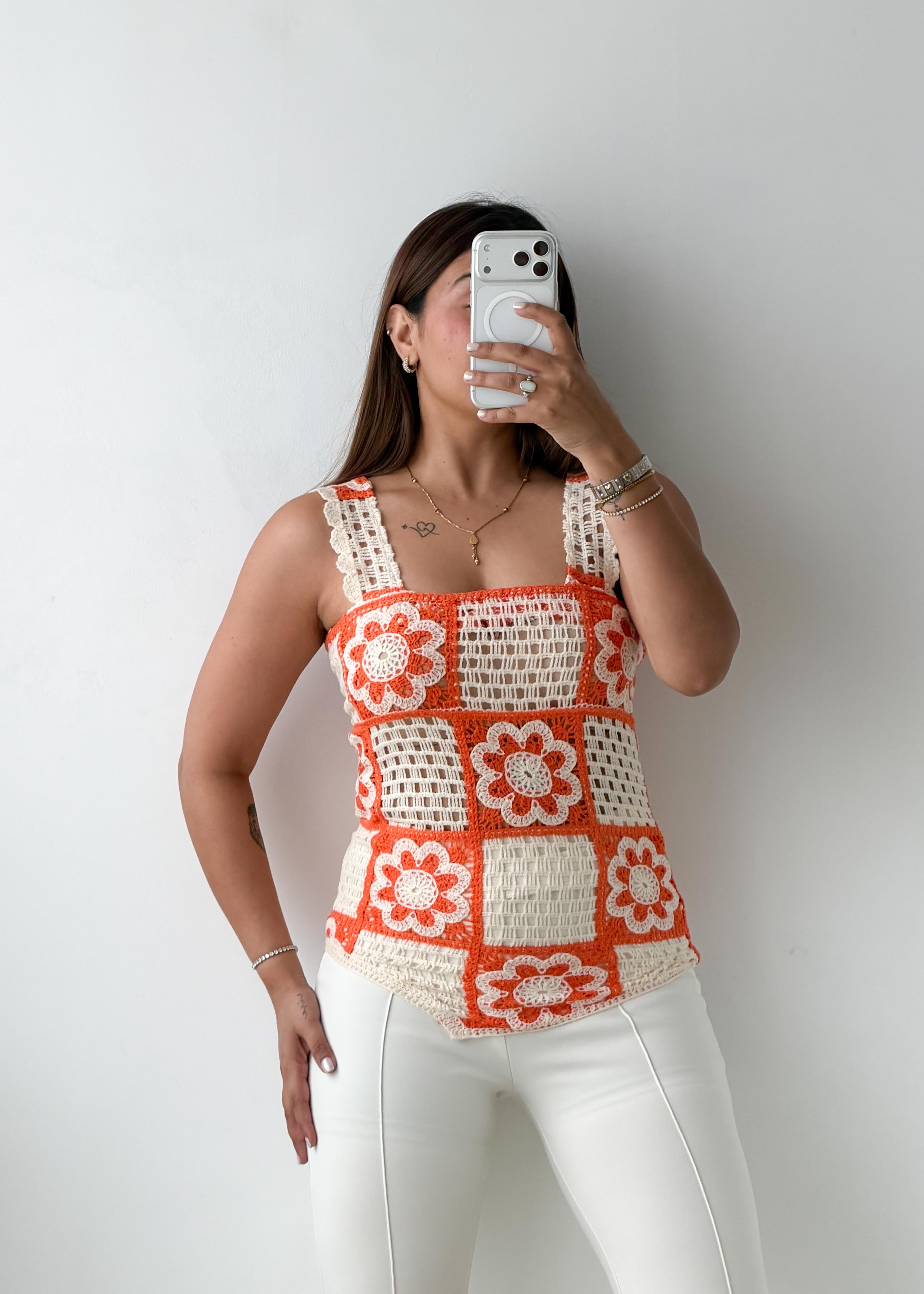 Size XS Orange & White Crochet Floral Tank Top