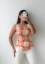 Size XS Orange & White Crochet Floral Tank Top