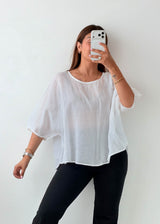 Size M-L White Relaxed Puff Sleeve Blouse