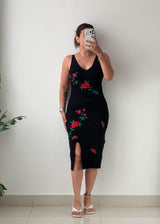 Size S-M Black Floral Embroidered Knit Midi Dress