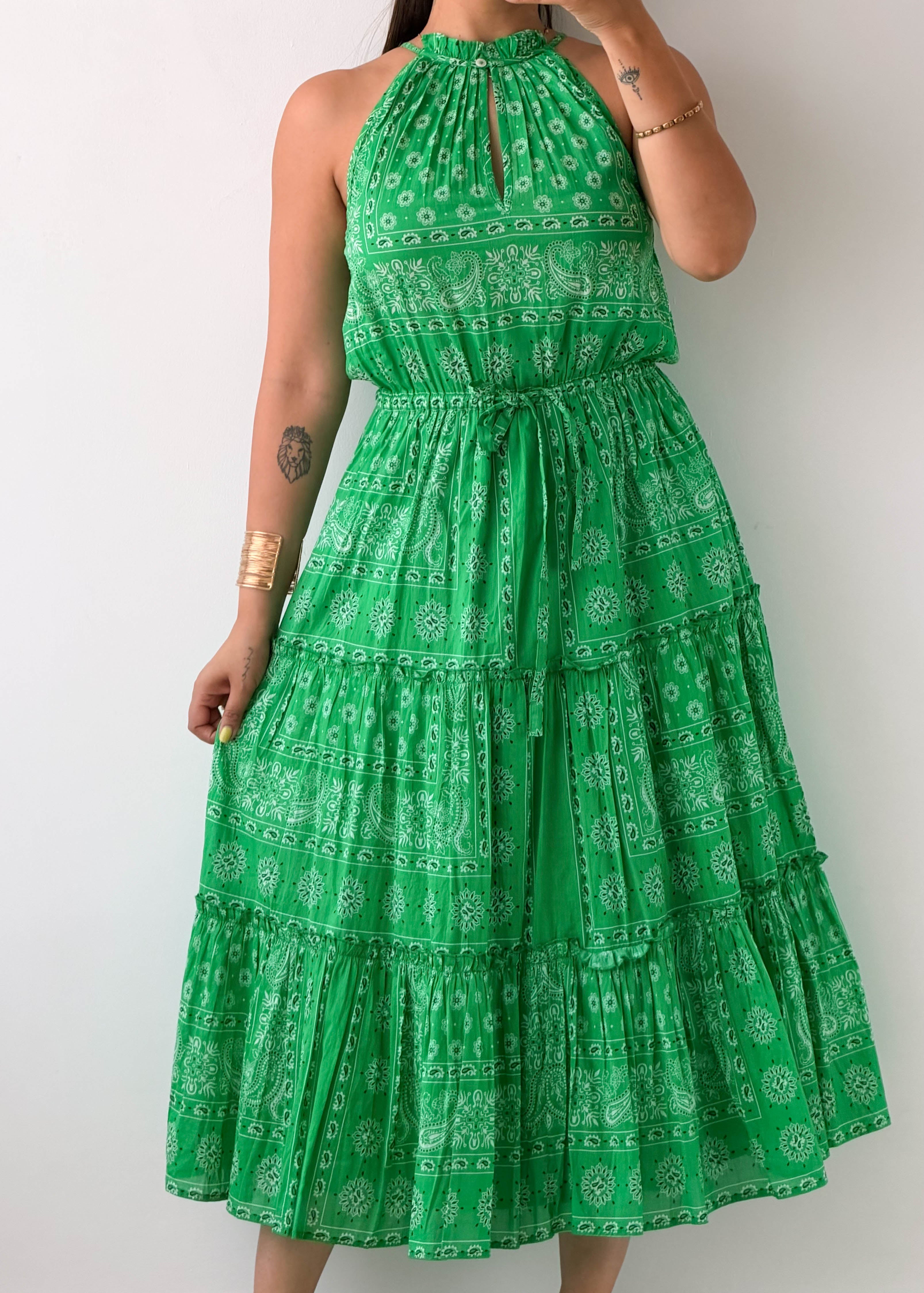 Size S-M Green Printed Tiered Maxi Dress
