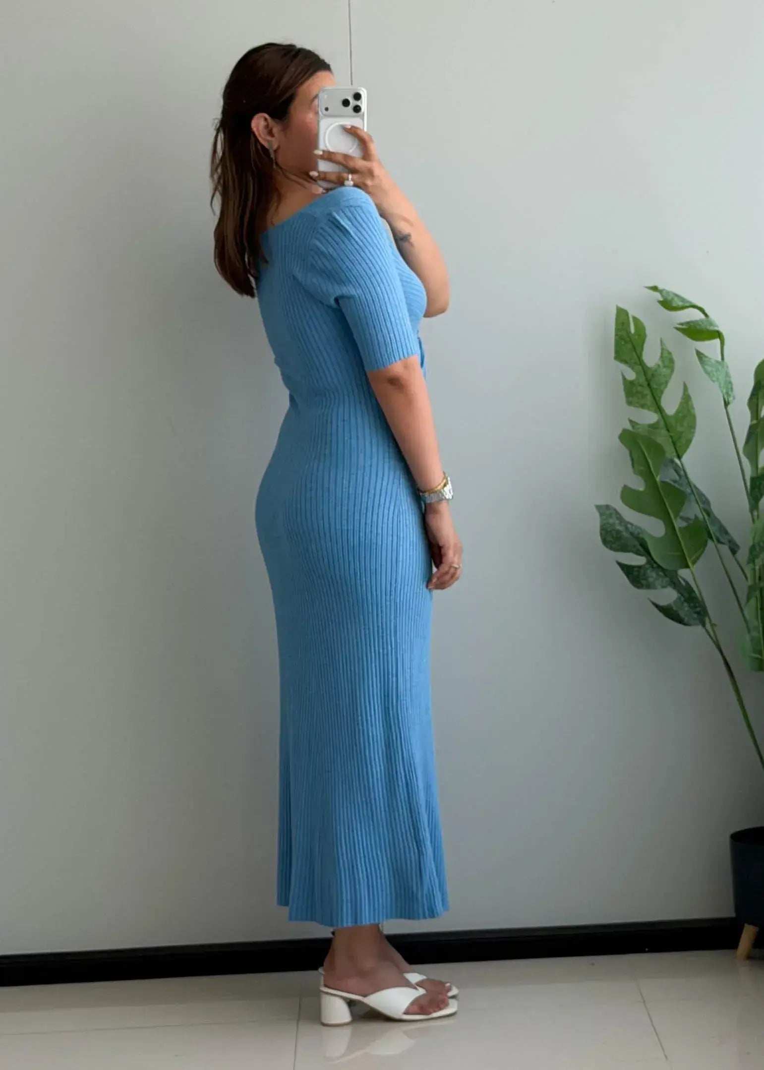 SIZE M-L, Blue Twist Front Ribbed Midi Dress - Closet by Payal